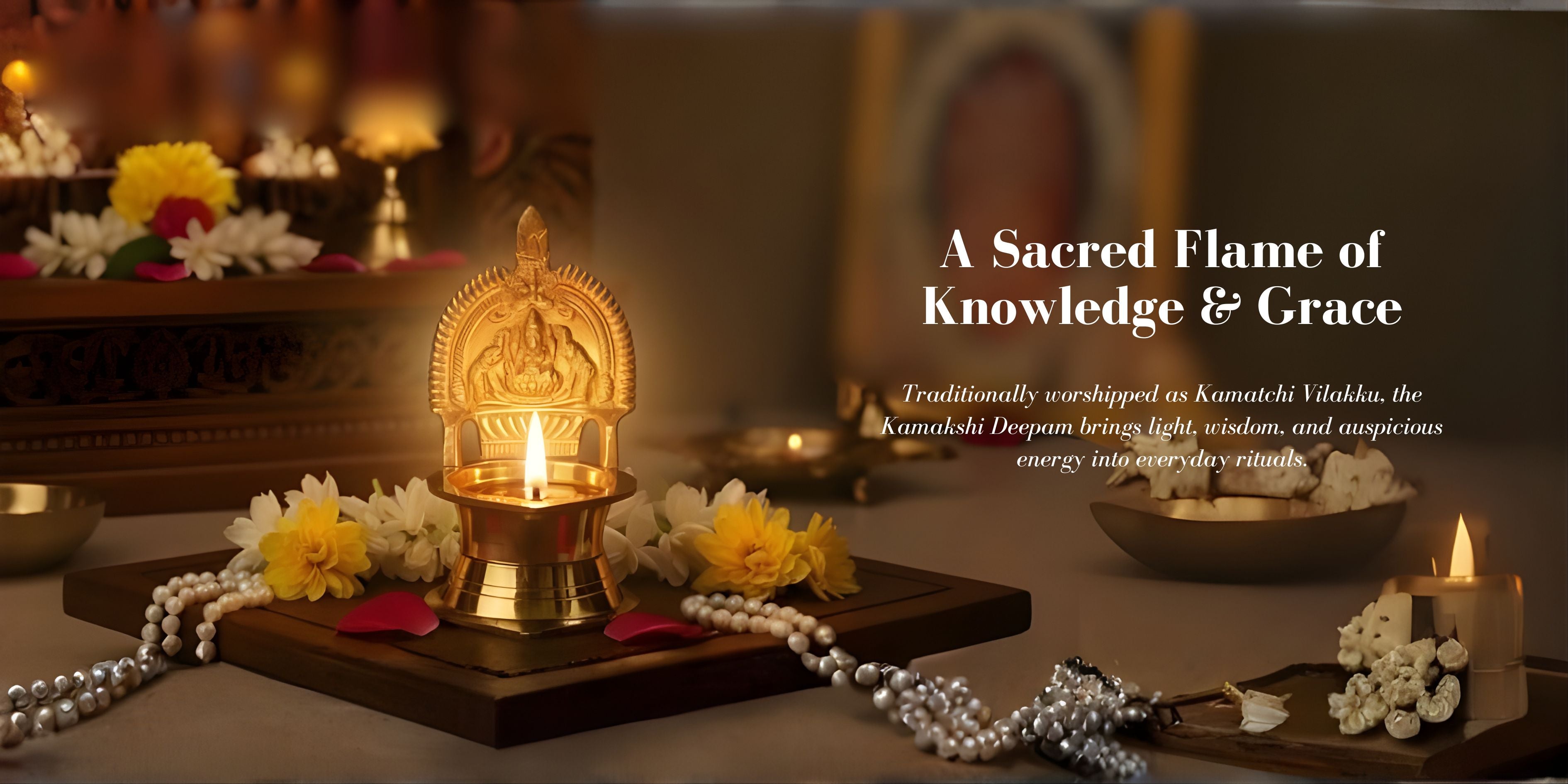 A traditional Kamakshee Deepam Diya shown lit in a mandir surrounded by pearls and looking beautiful with text display