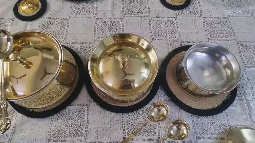 Video Displaying Brass handies, Brass wine glasses and cotton mats set