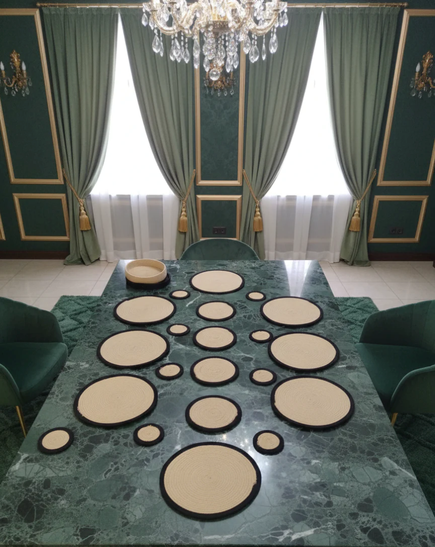 Round cotton table mats, coasters, hot pads and multipurpose organizer basket
displayed together in black and beige.