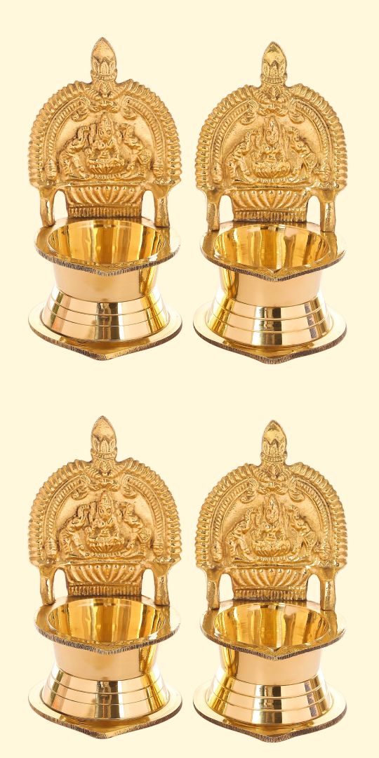 Kamakshi Vilakku brass oil lamp with size measurements shown